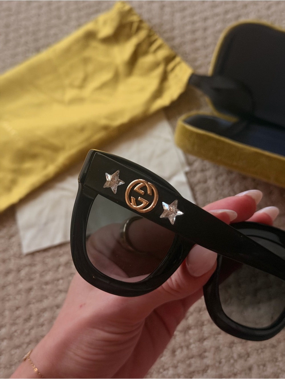 Gucci Black Sunglasses with Gold GG and Silver Star Accents